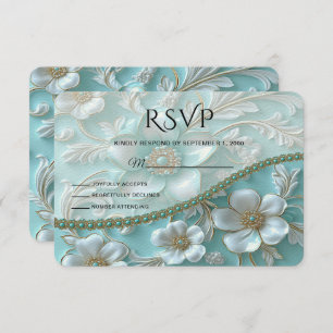 Teal White Floral RSVP Card