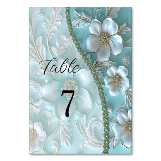 Teal White Floral Table Number (Front)