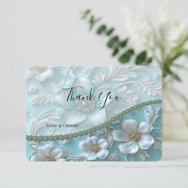 Teal White Floral Thank You Card (Standing Front)