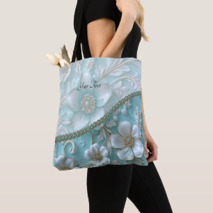 Teal White Floral Tote Bag