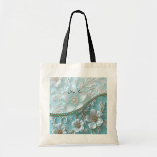 Teal White Floral Tote Bag