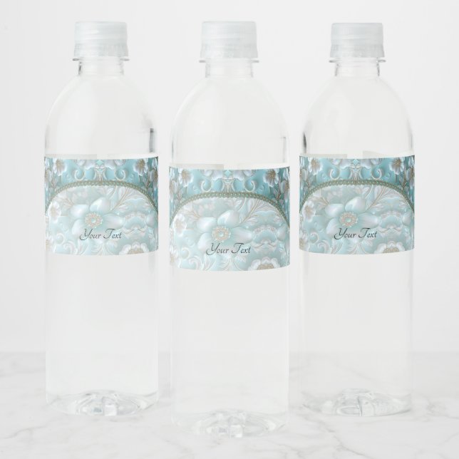 Teal White Floral Water Bottle Label (Bottles)