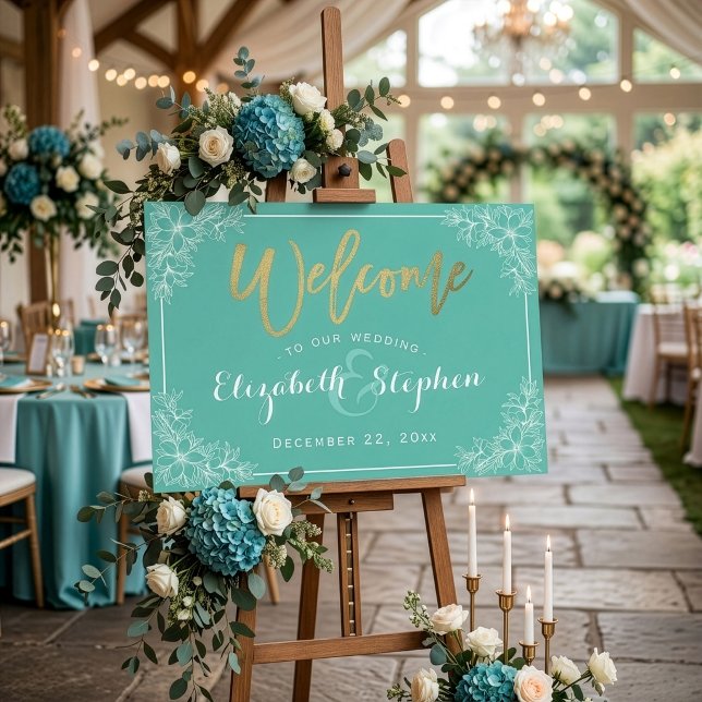 Teal & White Floral Wedding Welcome Reception Sign (Creator Uploaded)