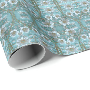 Teal White Floral Wrapping Paper