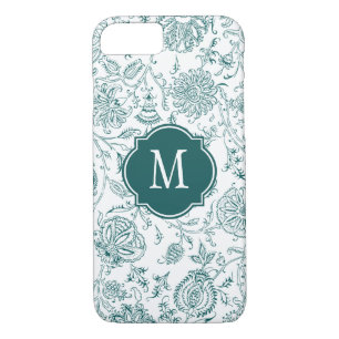 Teal & White Flower Pattern Monogram Case-Mate iPhone Case