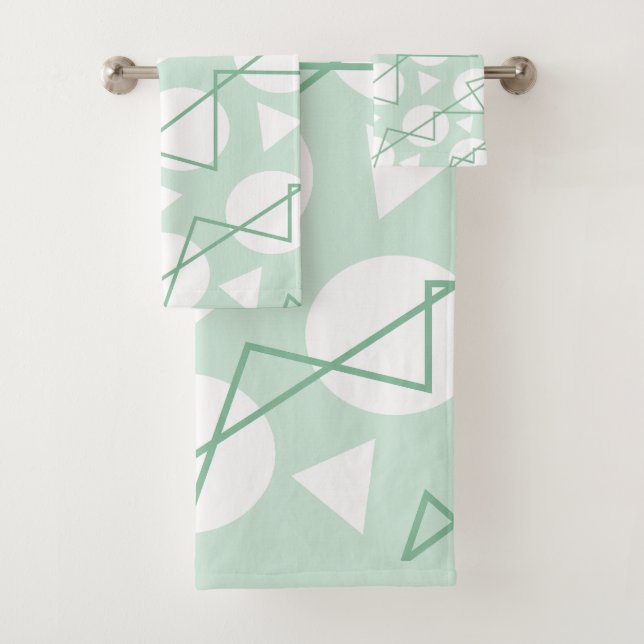 Teal White Geometric Chevron Stripes Pattern Bath Towel Set (Insitu)