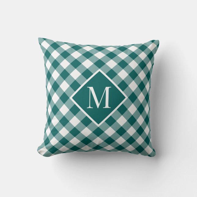Teal White Gingham Check Pattern Chic Monogram Cushion (Front)