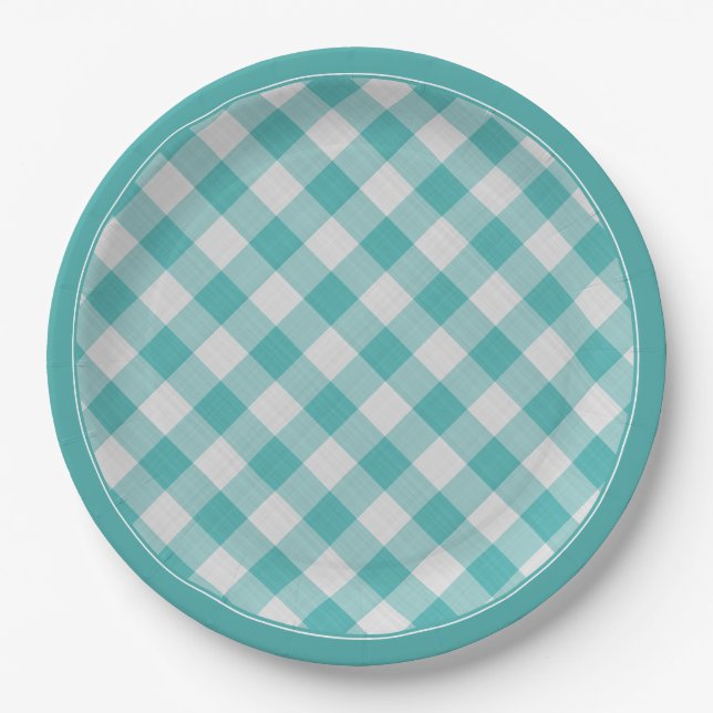 Teal/White Gingham Checks Pattern Simple Plaid Paper Plate (Front)