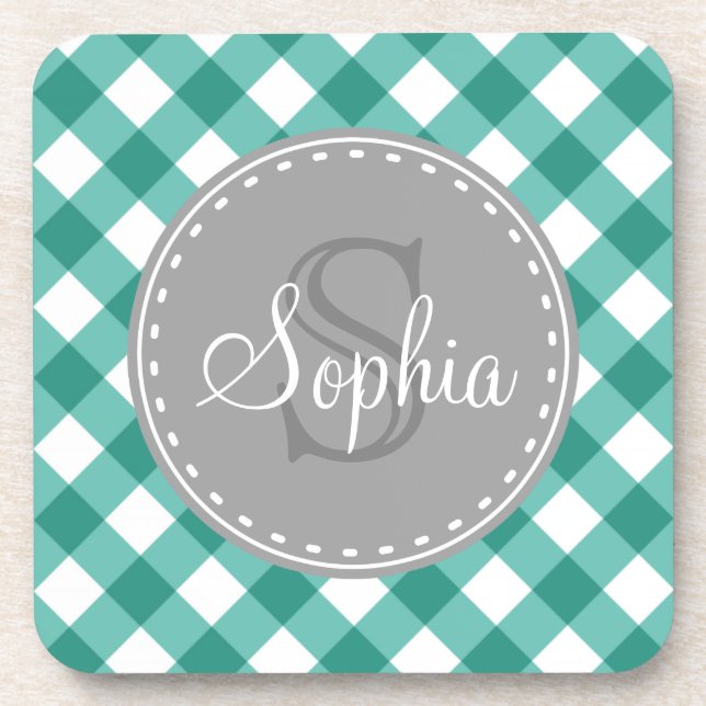 Teal White Gingham Plaid Pattern Monogram Coaster (Front)