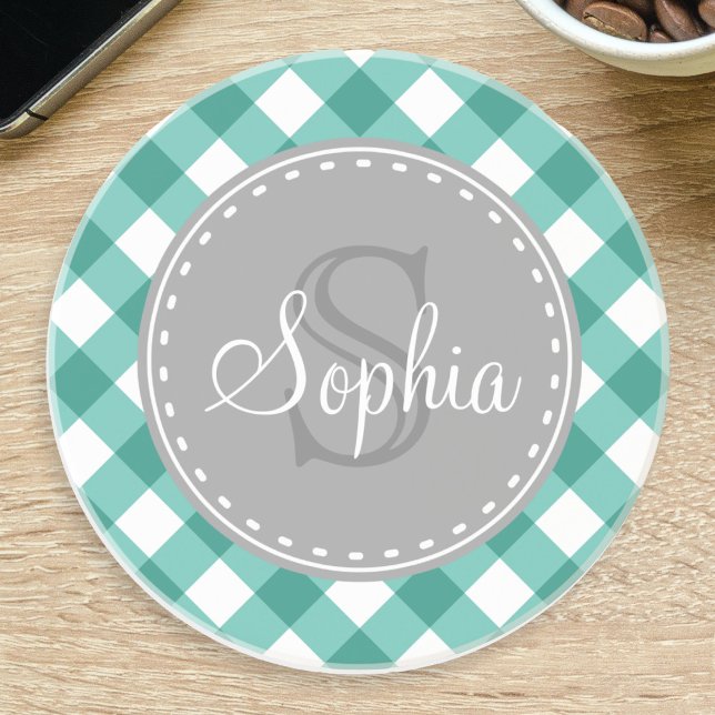 Teal White Gingham Plaid Pattern Monogram Coaster (Creator Uploaded)