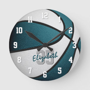 teal white girls boys basketball personalized round clock