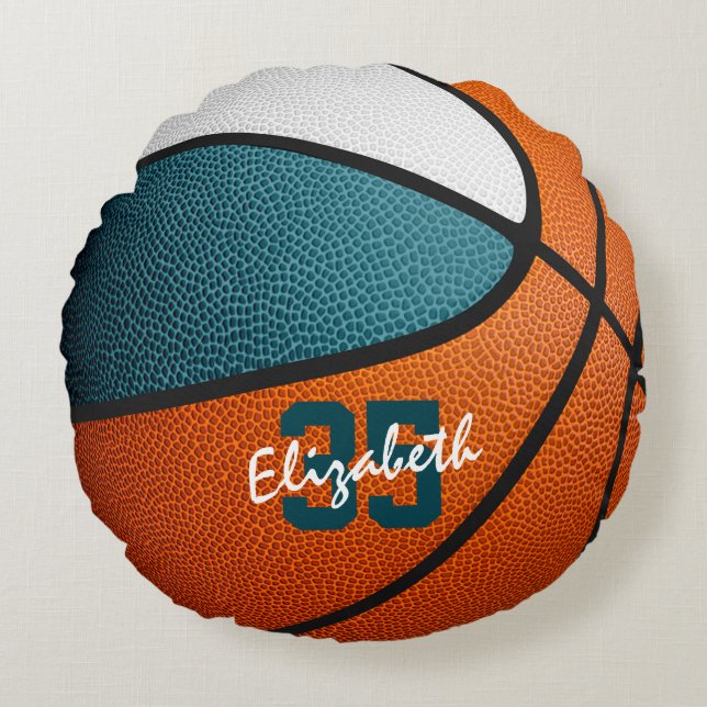 teal white girls sports personalised basketball round cushion (Front)