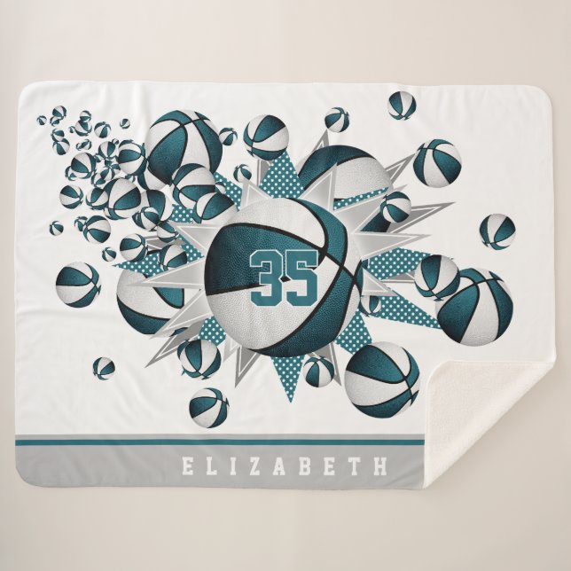 teal white girls sports star basketball blowout sherpa blanket (Front (Horizontal))