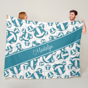 Teal white girly volleyballs pattern net accent fleece blanket