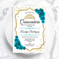 Teal White Gold Elegant Floral Quinceanera