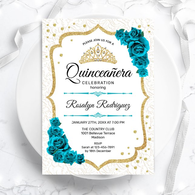Teal White Gold Elegant Floral Quinceanera Invitation (Creator Uploaded)