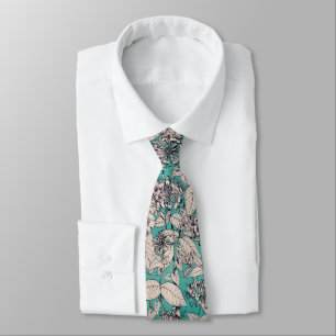 Teal White Graphic Flowers Pattern Tie