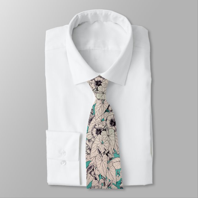 Teal White Graphic Flowers Pattern Tie (Tied)