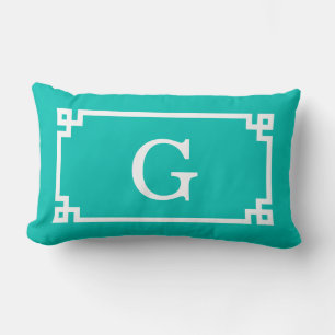 Teal White Greek Key Frame #2 Initial Monogram Lumbar Cushion