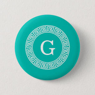 Teal White Greek Key Round Frame Initial Monogram 6 Cm Round Badge