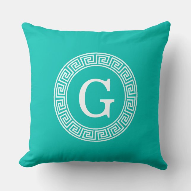Teal White Greek Key Round Frame Initial Monogram Cushion (Front)