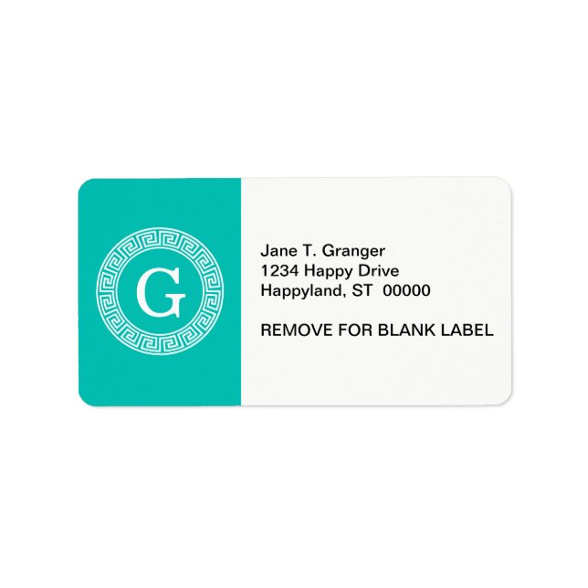 Teal White Greek Key Round Frame Initial Monogram Label (Front)