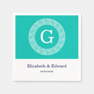 Teal White Greek Key Round Frame Initial Monogram Napkin