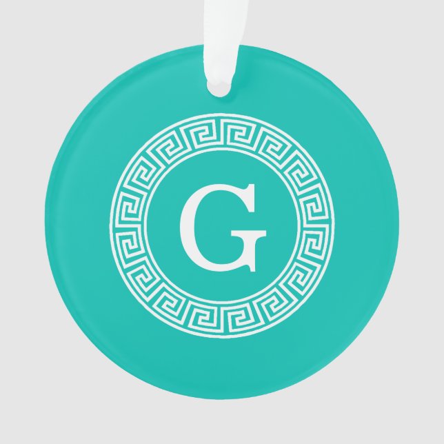 Teal White Greek Key Round Frame Initial Monogram Ornament (Front)
