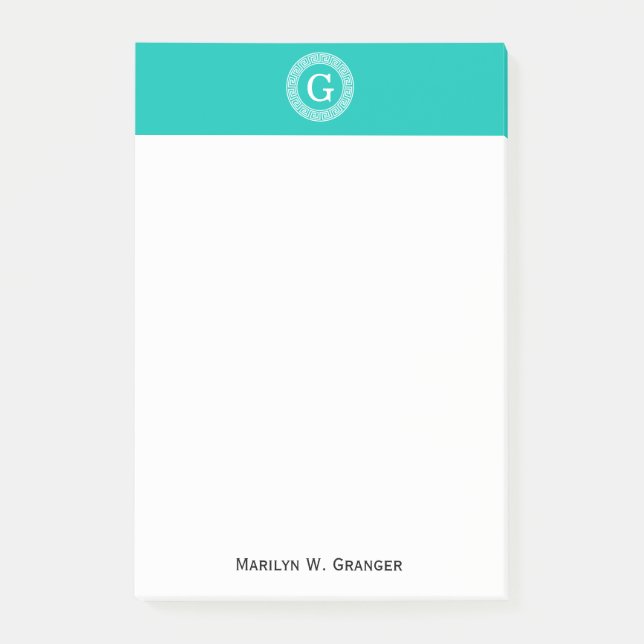 Teal White Greek Key Round Frame Initial Monogram Post-it Notes (Front)