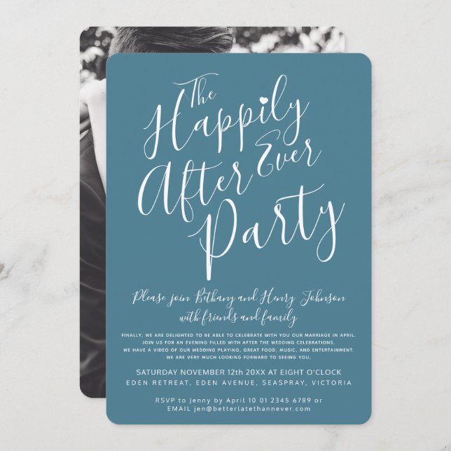 Teal white happily ever after wedding party invitation (Front/Back)