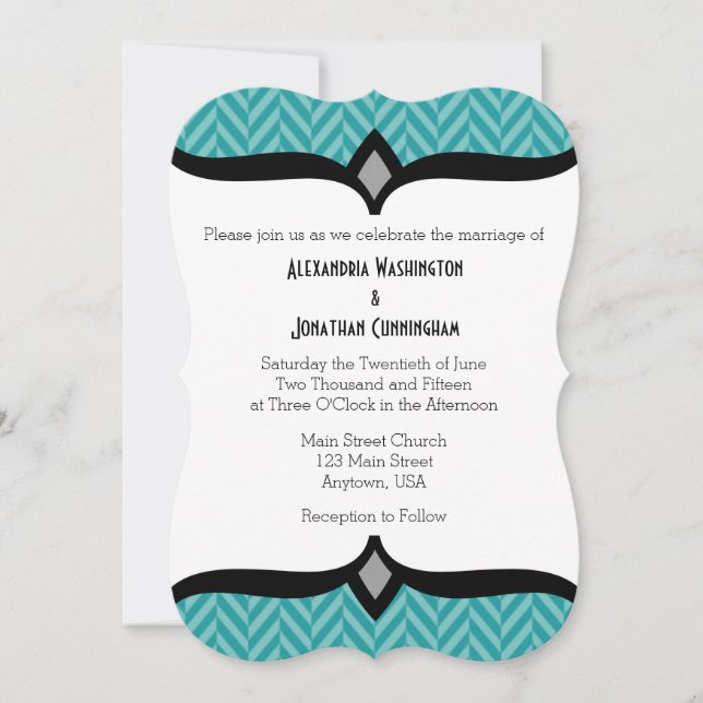 Teal White Herringbone Wedding Invitation (Front)