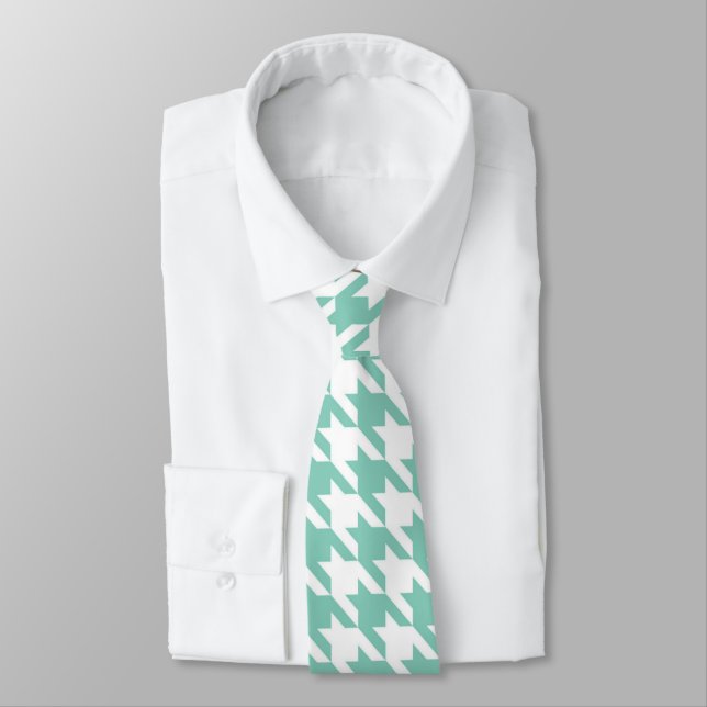 Teal & White Houndstooth Necktie (Tied)
