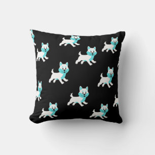Teal & White Husky Malamute Dog Patter on Black Cushion