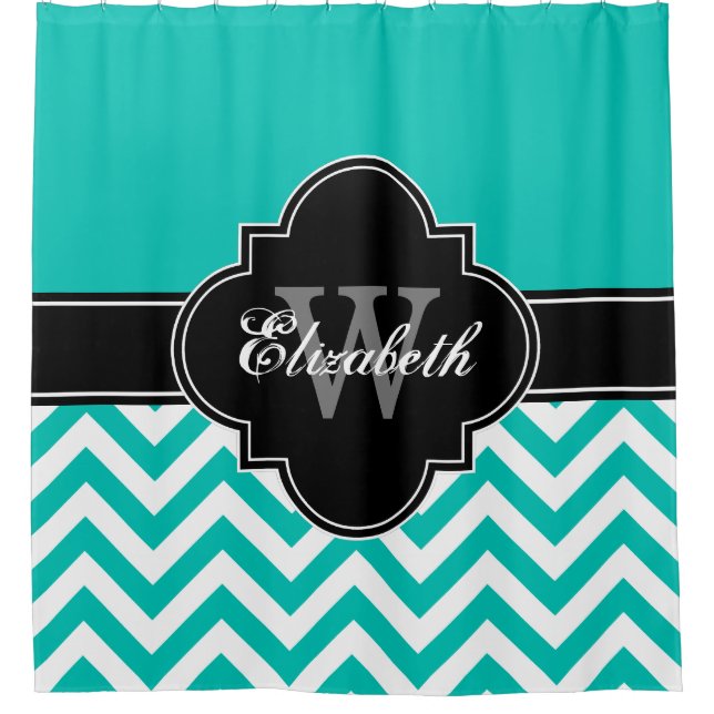 Teal White LG Chevron Black 1ICBR Name Monogram Shower Curtain (Front)