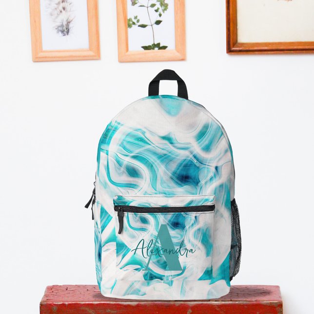 Teal White Liquid Swirls Abstract Monogram Name Printed Backpack (Creator Uploaded)