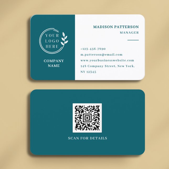 Teal White Logo QR Code Minimalist Modern Business Card (Creator Uploaded)