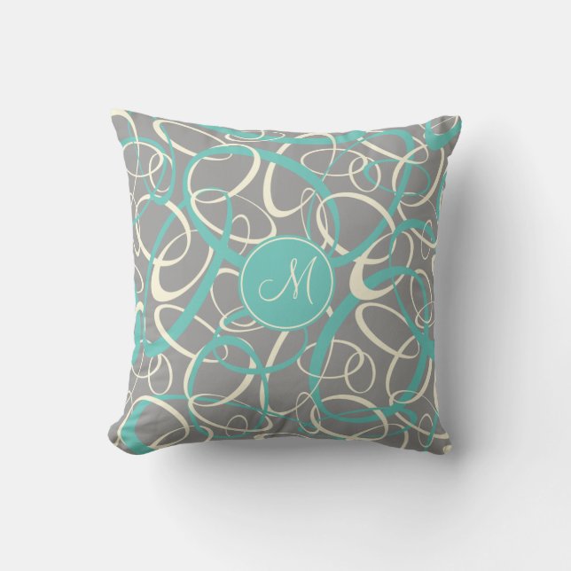 teal white loops on grey geometric pattern cushion (Front)