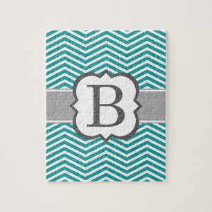 Teal White Monogram Letter B Chevron Jigsaw Puzzle