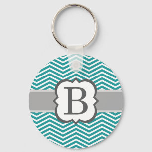 Teal White Monogram Letter B Chevron Key Ring