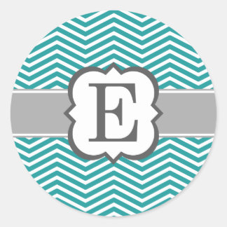 Teal White Monogram Letter E Chevron Classic Round Sticker