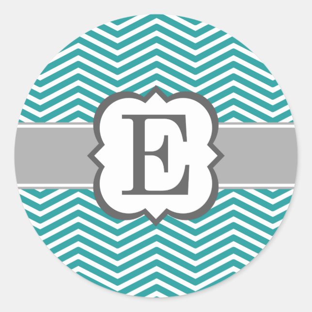 Teal White Monogram Letter E Chevron Classic Round Sticker (Front)