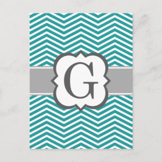 Teal White Monogram Letter G Chevron Postcard