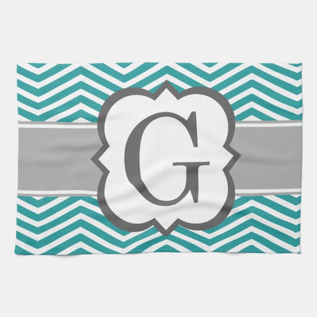 Teal White Monogram Letter G Chevron Tea Towel (Horizontal)