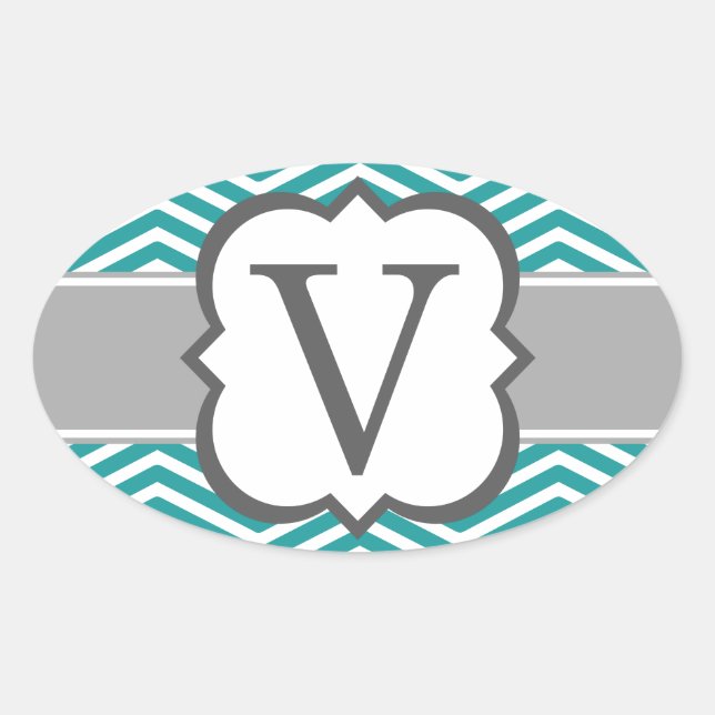 Teal White Monogram Letter V Chevron Oval Sticker (Front)