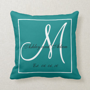 Teal White Monogram Wedding Keepsake Pillow