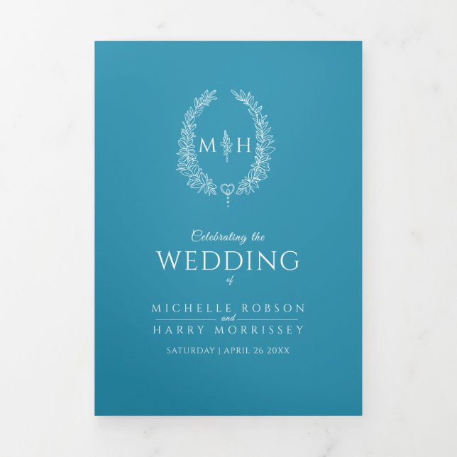 Teal white monogram wreath dedication wedding Tri-Fold programme (Cover)