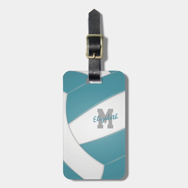 teal white monogrammed volleyball luggage tag (Front Vertical)