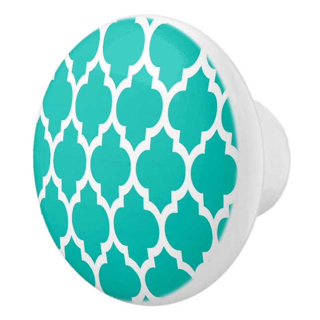 Teal White Moroccan Quatrefoil Pattern #4 Ceramic Knob (Right)