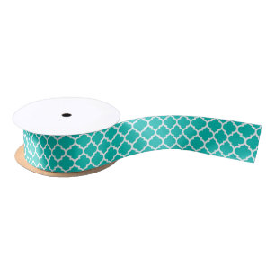 Teal White Moroccan Quatrefoil Trellis Pattern #5 Satin Ribbon
