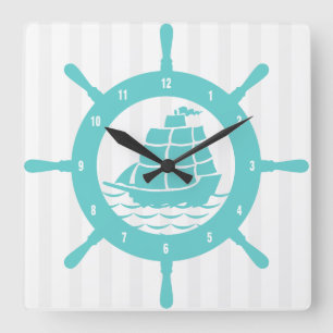 Teal & White Nautical Boat Wheel & Stripes Square Wall Clock